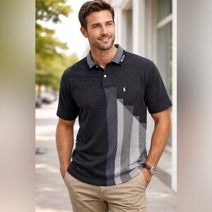 🤩RAREVintage Polo by Ralph Lauren Men's Charcoal and Gray Colorblock Polo Shirt